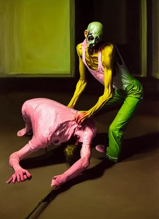 Image similar to an expressive skinny artist wearing overalls physically fighting with a ghost, inside a grand studio, depth of field, hauntingly surreal, highly detailed oil painting, by francis bacon, edward hopper, adrian ghenie, glenn brown, soft light 4 k, green and pink colour palette, cinematic composition, cinematic lighting, high quality octane render, masterpiece