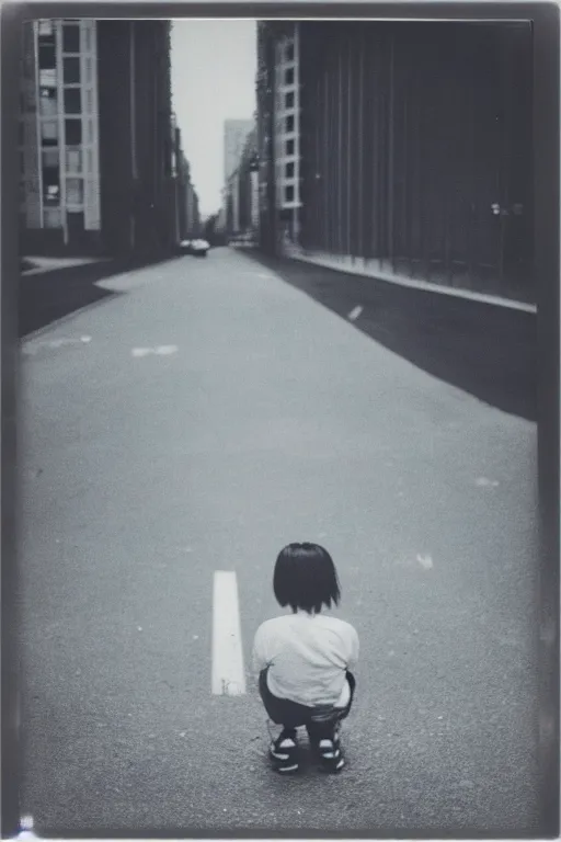 Image similar to photo polaroid of sad and lonely child in the middle of an empty street in a big city, photorealistic, 35mm film, black and white, polaroid,