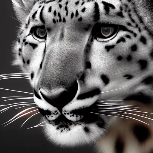 Image similar to photorealistic snow leopard. hyperdetailed photorealism, 1 0 8 megapixels, amazing depth, high resolution, 3 d shading, 3 d finalrender, 3 d cinematic lighting, glowing rich colors, psychedelic overtones, artstation concept art.