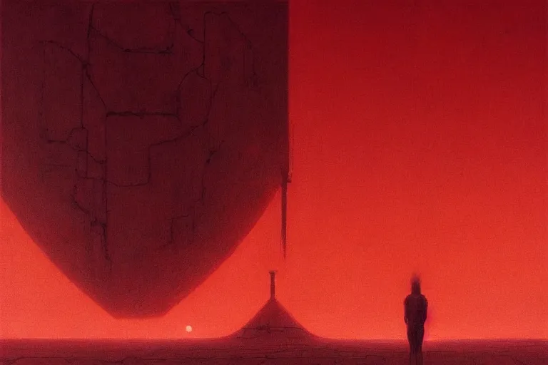 Image similar to only with red, a red god of death eat apple, a futuristic city on mars in background, an ancient path, pathos, in the style of beksinski, part by hopper, part by rodcenko, part by hofbauer, intricate composition, red by caravaggio, insanely quality, highly detailed, masterpiece, red light, artstation