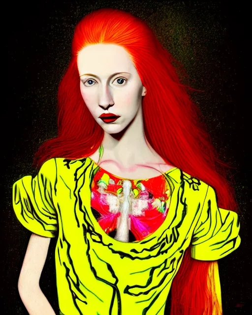 Prompt: photo-realistic portrait of a young pale woman with red hair, wearing a neon yellow dress by Vivienne Westwood, intricate details, masterpiece, reinassance style