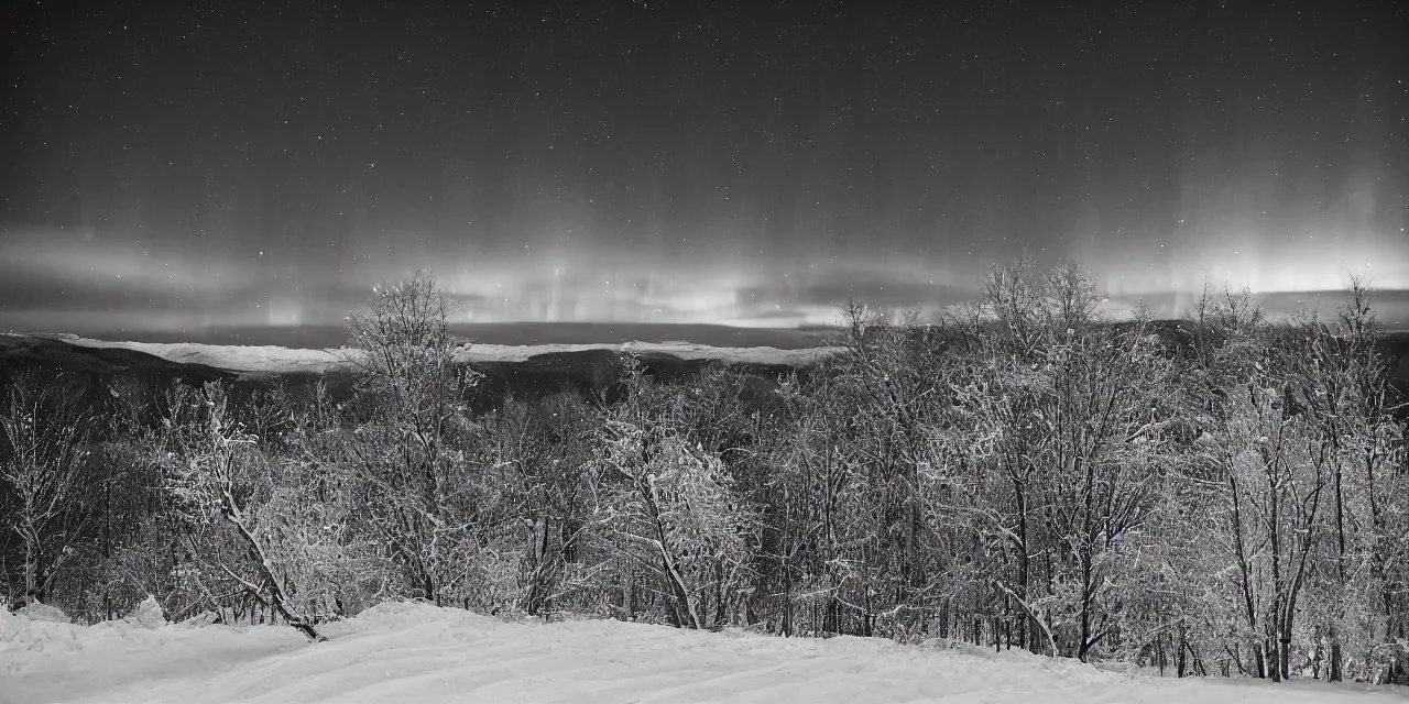 Image similar to laurentian appalachian mountains in winter, unique, original and creative landscape, photography by ansel adams, snowy night, distant town lights, aurora borealis, deers and ravens, footsteps in the snow, brilliant composition