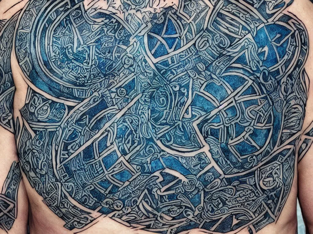 Image similar to blue board runic tattoos designs for an armour, views front side and rear, colorful ideas HDR 4K Dolby Vision, Travis Charest style