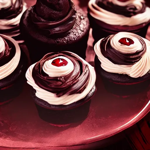 Image similar to a still from a horror move featuring a chocolate cupcake with cream and a cherry on the top, digital art, trending on artstation and unreal engine, smooth, 4 k, poster, high quality, hyperdetailed