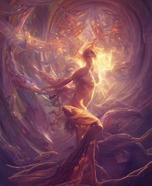 Image similar to a whirlwind of souls rushing inside the metaverse, half body, glowin eyes, mystical insects, mystical birds, lizards, snakes, d & d, fantasy, intricate, elegant, highly detailed, colorful, vivid color, digital painting, artstation, concept art, art by artgerm and greg rutkowski and alphonse mucha and ruan jia