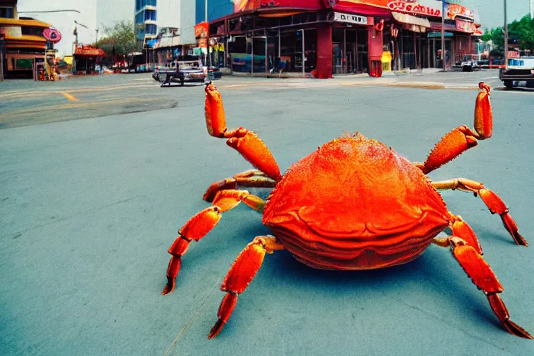 Image similar to 2 0 1 5 cute giant crab terrorizing a city, googie city, americana, fishcore, exterior photography, hd 8 k, photography cinestill