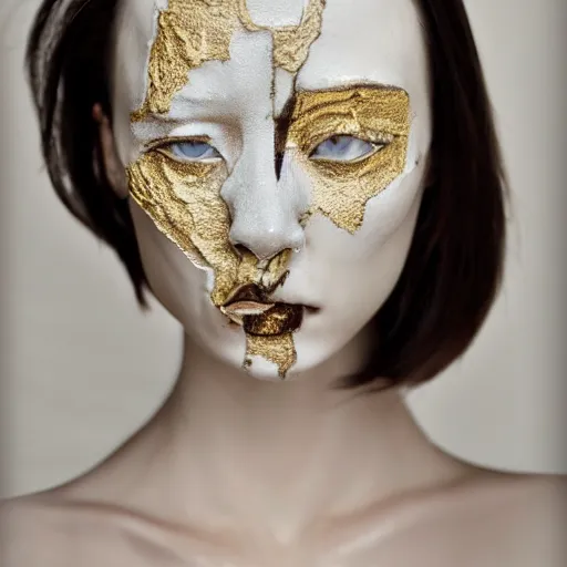 Image similar to fashion model face with cracked porcelain skin lines filled with gold in the kintsugi style, highly detailed