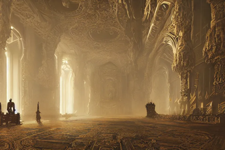 Prompt: close up view of a throne room interior, intricate, elegant, highly detailed, john park, craig mullins, sparth, ruan jia, jeffrey catherine jones