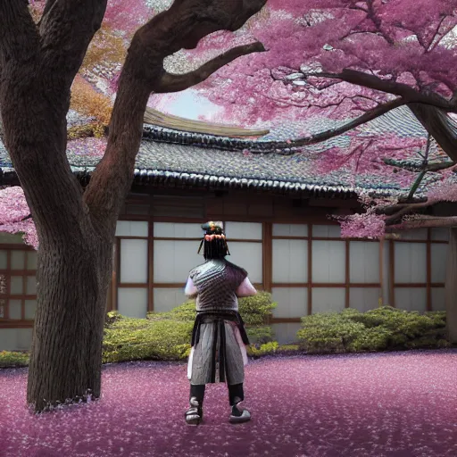 Image similar to hyperrealistic painting of a highly detailed photorealistical samurai, in the background traditional Japanese hut, cherry blossom trees outside, Feng Shui Style, cinematic concept art, art station, award winning art, 8k, octane render, unreal engine 5