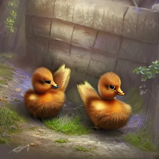 Image similar to two baby ducklings wearing armour going on an adventure, fantasy, detailed digital art