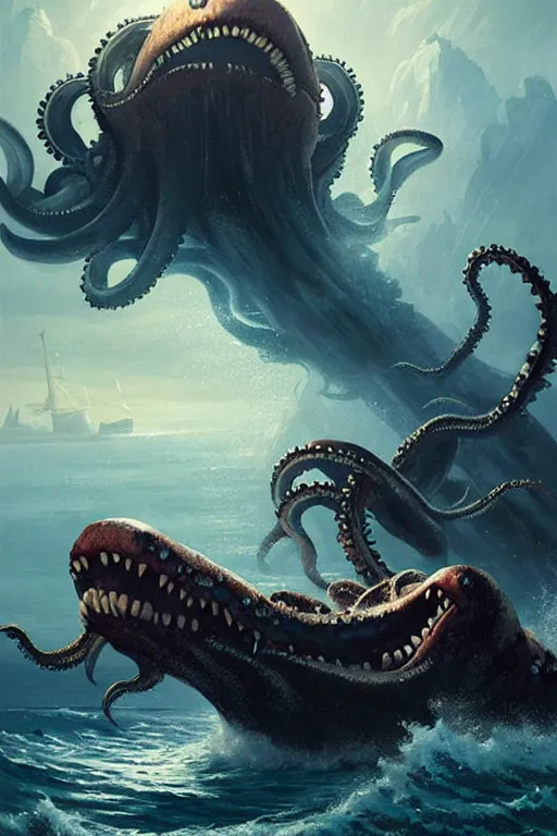 Image similar to greg rutkowski poster, kraken attacking a seaside town