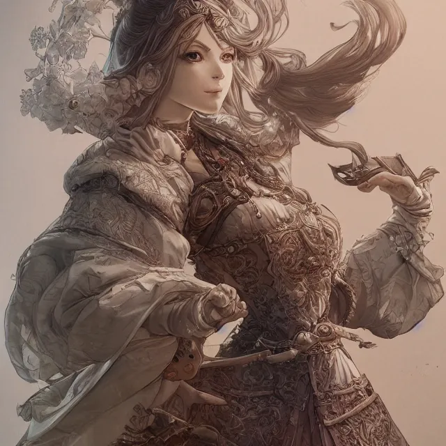 Image similar to the portrait of neutral good female cleric bard as absurdly beautiful, gorgeous, elegant, sophisticated happy woman, an ultrafine hyperdetailed illustration by kim jung gi, irakli nadar, intricate linework, sharp focus, bright colors, octopath traveler, final fantasy, unreal engine 5 highly rendered, global illumination, radiant light, detailed and intricate environment