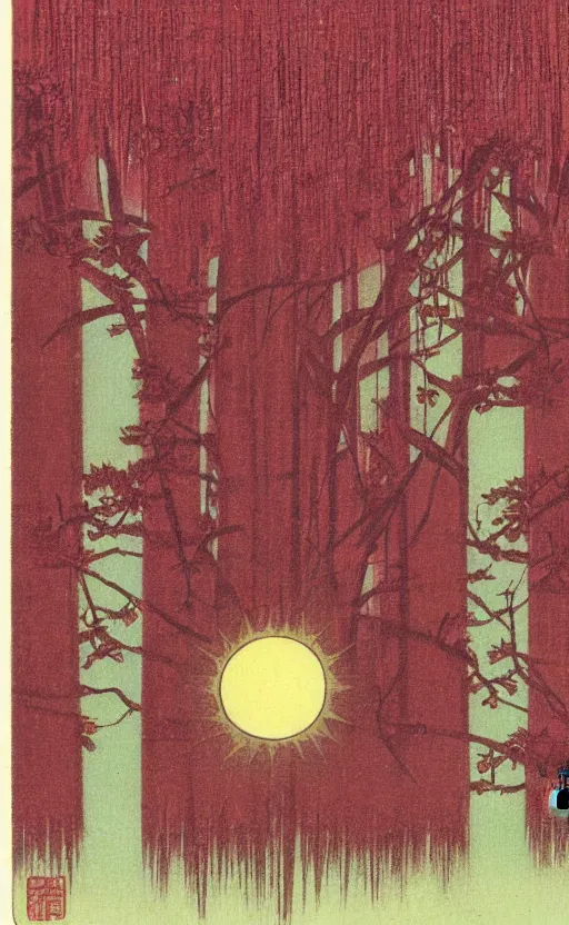 Image similar to by akio watanabe, manga art, the cherry color curtain of a japanese theatre, trading card front, sun in the background