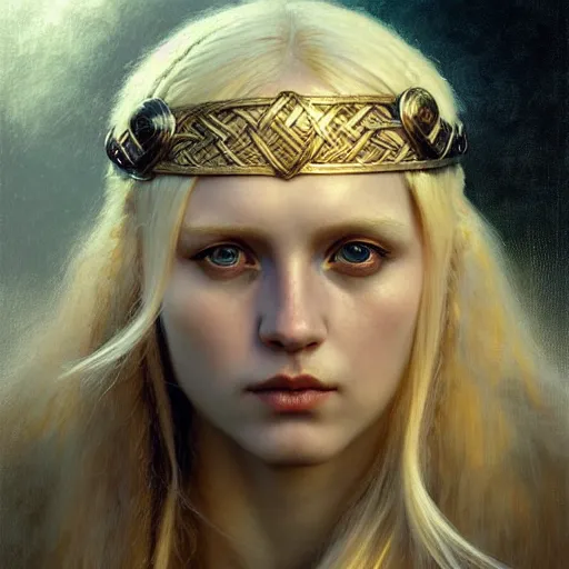 Image similar to portrait of a blond viking girl, surreal, fantasy, intricate, elegant, dramatic lighting, highly detailed, lifelike, photorealistic, digital painting, artstation, concept art, smooth, sharp focus, illustration, art by John Collier and Krenz Cushart and Artem Demura and Alphonse Mucha and Albert Aublet