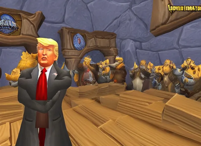 Image similar to donald trump at the auction house in ironforge world of warcraft