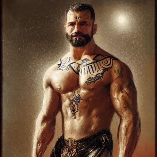 Image similar to handsome portrait of a wrestler guy bodybuilder posing, war hero, wearing singlet, intricate tattoos, radiant light, caustics, by gaston bussiere, bayard wu, greg rutkowski, giger, maxim verehin