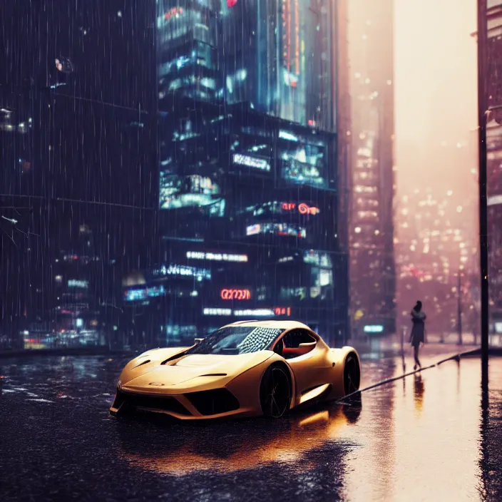 Image similar to sportscar parked on sidewalk, cyberpunk city, reflections, puddle, rain, volumetric light, hyperdetailed, hyperrealism, photorealistic rendering, golden ratio, digital art, octane, redshift