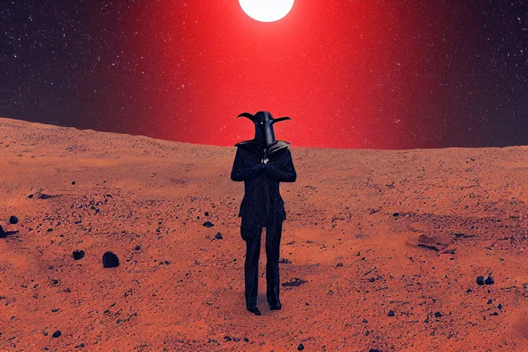 Image similar to A plague doctor standing on mars looking at camera, distant background, red lighting, ominous, gloomy, moonlight, bokeh, synthwave, psychedelic, glitch, acrylic, flooko, detailed, cybernetic, sci-fi, glows,