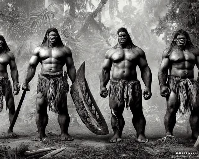 Prompt: hyper realistic group vintage photograph of a live action warcraft orc warrior tribe in the jungle, tall, hulk like physique, detailed faces, tribal paint, tribal armor, grain, old, monochrome, sepia toned, realistic lighting, wide angle