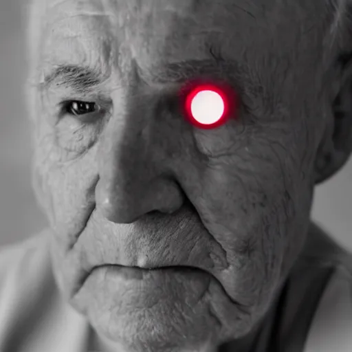 Image similar to an old man with glowing red eyes