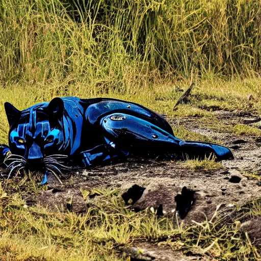 Prompt: nature photography picture of blue and black panther. blood drips from its mouth. a robot lays in a ditch in the background.