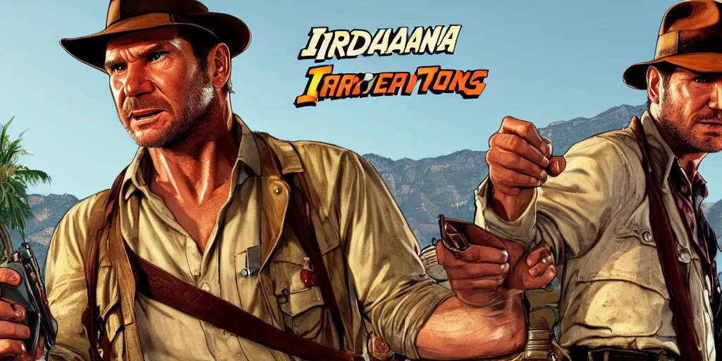 Image similar to Indiana Jones in GTA V, Cover Art by Stephen Bliss, Boxart, Loading Screen. 8k Resolution