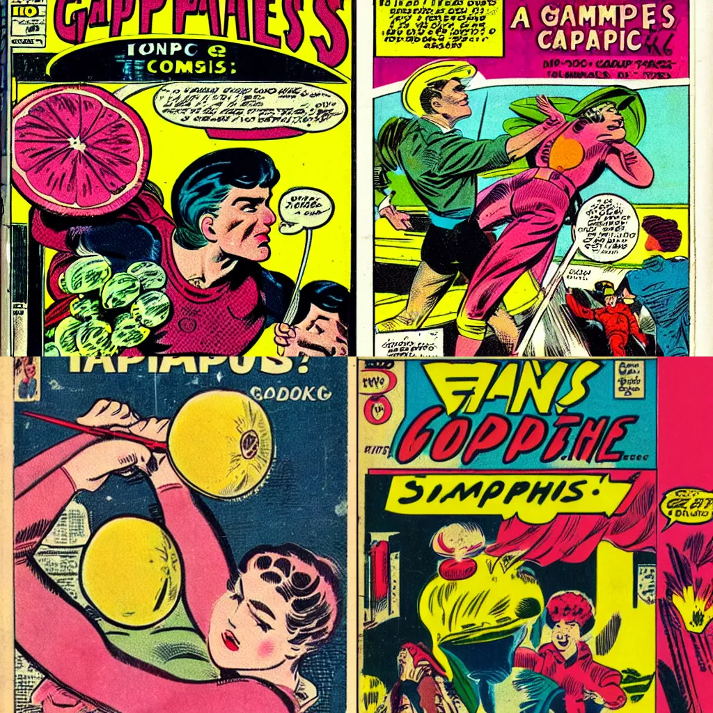 Prompt: a vintage comic book about grapefruits