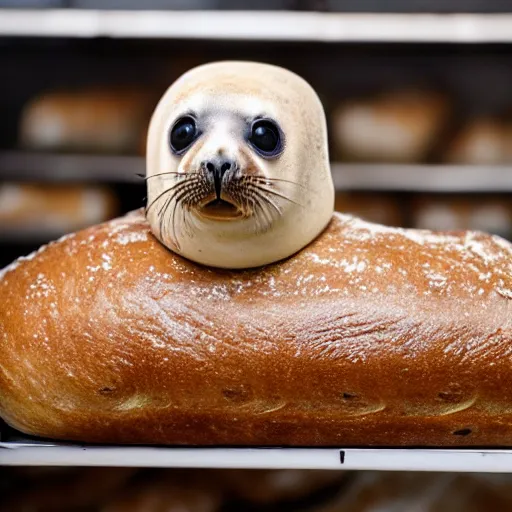 Prompt: baby seal disguised as a loaf of bread, hiding in a bakery, photo, detailed, 4k