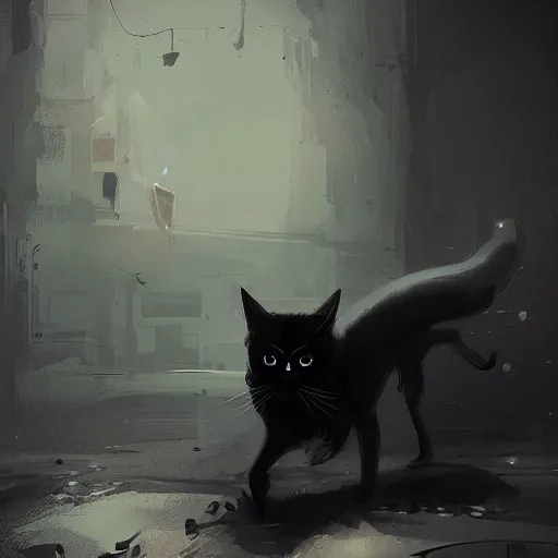 Image similar to a detailed matte painting of a black cat with white led eyes, by Ismail Inceoglu , concept art, featured on cgsociety