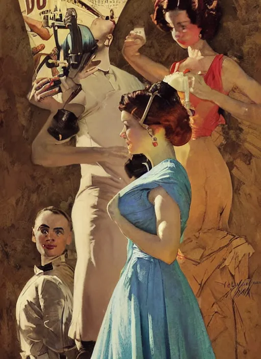 Image similar to 5 0 s pulp scifi fantasy illustration upper body and head portrait of elegant woman in summer dress, by norman rockwell, roberto ferri, daniel gerhartz, edd cartier, jack kirby, howard v brown, ruan jia, tom lovell, frank r paul, jacob collins, dean cornwell, astounding stories, amazing, fantasy, other worlds