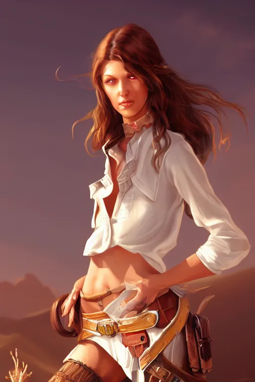 Image similar to full body, female cowgirl, perfect face, white blouse, holster, 8 k, magic the gathering, desert, d & d, artstation, high detail, smooth, sweaty