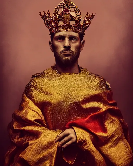 Image similar to 'Portrait of Crowned King Arthur' by Lee Jeffries royally decorated, whirling plasma, atmospheric motes, red and gold Sumptuous garb, gilt silk fabric, radiant colors, fantasy, perfect lighting, studio lit, micro details,