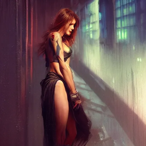 Image similar to bella thorne wearing nightgown, hyperrealistic full figure, bladerunner street alley, art of elysium by frank frazetta and by jeremy mann, fantasy art, photo realistic, dynamic lighting, artstation, full figure poster, volumetric lighting, very detailed face, 4 k, award winning