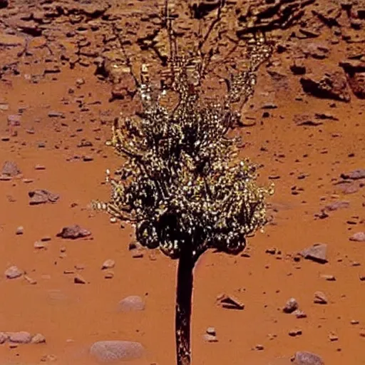 Prompt: footage of a small tree in the middle of mars.