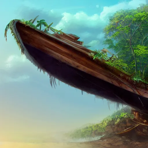 Image similar to Wrecked wooden ship on the top of jungle trees, 8k, detailed, concept art, trending on artstation