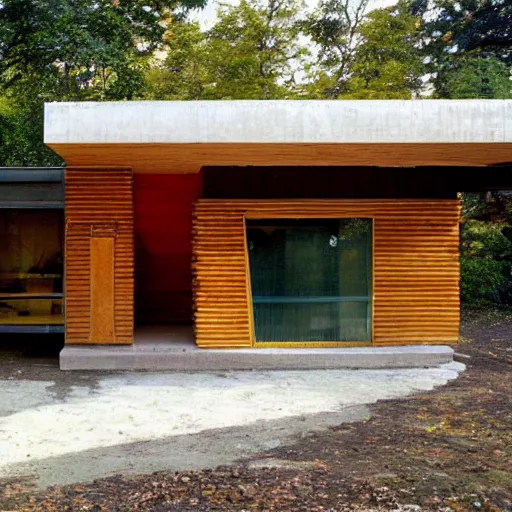 Prompt: le corbusier architecture in style of log cabin
