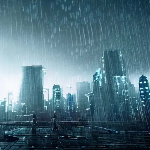 Prompt: a photo of a robot in a futuristic city its raining, vaporware style