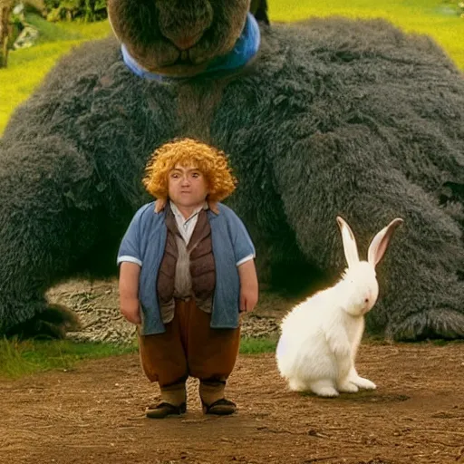 Prompt: chubby british lad as Bartook a teen hobbit with short curly dark brown hair wearing a blue vest with a white sash standing next to a giant rabbit, high resolution film still, movie by Peter Jackson