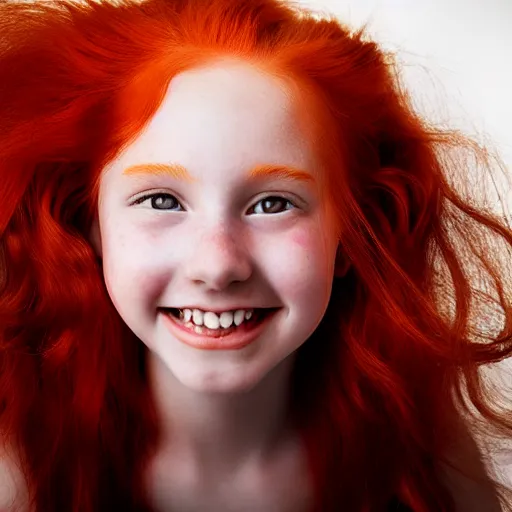 Image similar to artistic photo of a young beautiful girl with red hair looking at the camera, smiling slightly, studio lighting, award winning photo by Annie Liebowitz