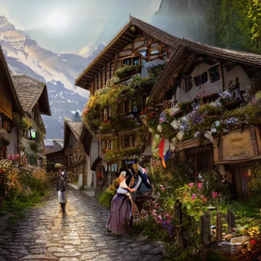 Image similar to my precious! - the hobbit - j. r. r. tolkien - a medieval village in switzerland, ornate, beautiful, atmosphere, vibe, flowers, concept art illustration, greg rutowski, volumetric lighting, sunbeams, particles