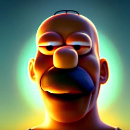 Prompt: cinematic shot of an epic portrait of homer simpson, stylised, shiny skin, beautiful eyes, beautiful, small details, night setting, realistic poster with volumetric light from craig mallism, artgerm, jeremy lipkin and michael garmash, unreal engine, radiant light, digital art, trends at art station, a masterpiece