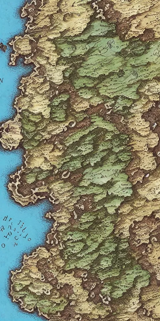 Prompt: fantasy map of a continent with diverse terrain, ultra-detailed, by Wilson McLean!, HD, D&D, 4k, 8k, high detail!, intricate, encyclopedia illustration