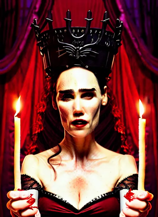 Image similar to jennifer connelly vampire queen, sharp fangs, blood, full body, intricate victorian dress, digital art, middle shot, cinematic lighting, studio quality, symmetrical eyes, artgerm, joshua middleton, rafael albuquerque, moody lighting, candles, art style by klimt, nixeu and ian sprigger and wlop and krenz cushart