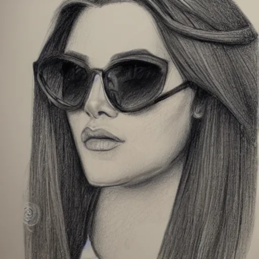 Prompt: Portrait of a woman, long hair, sunglasses, pencil sketch, concept art