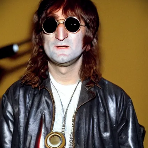 Prompt: John Lennon dressed as a rapper from the 90s, HD, high resolution, intricate detail