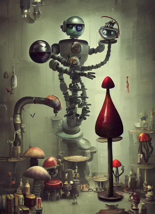 Image similar to a lively and whimsical dark apothecary, cinematic framing, where chrome robots shop grows from the stalk of a giant mushroom, cgsociety, siggraph, dystopian scifi, concept art, set design, oleg oprisco, conrad roset, anka zhuravleva, gediminas pranckevicius, cornell, kawasaki