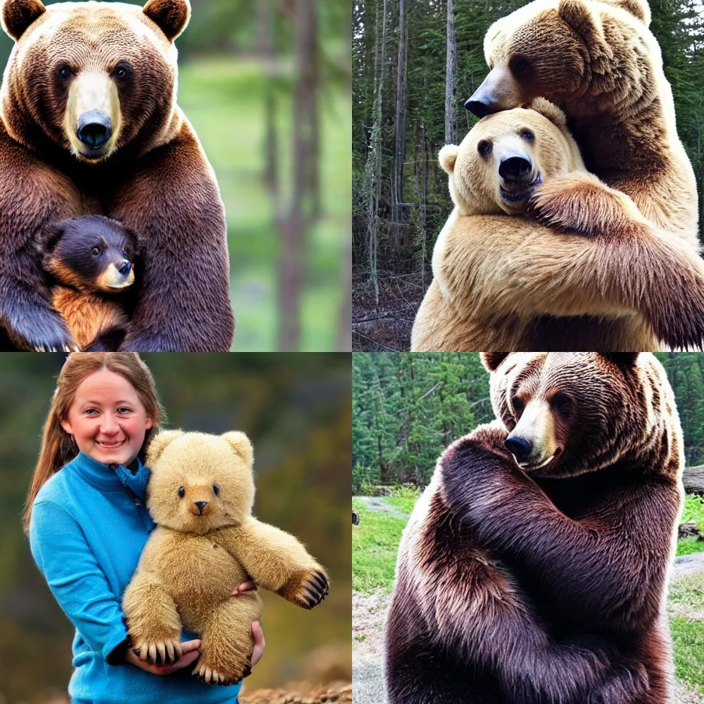 Prompt: a friendly bear holding a bear, professional photo