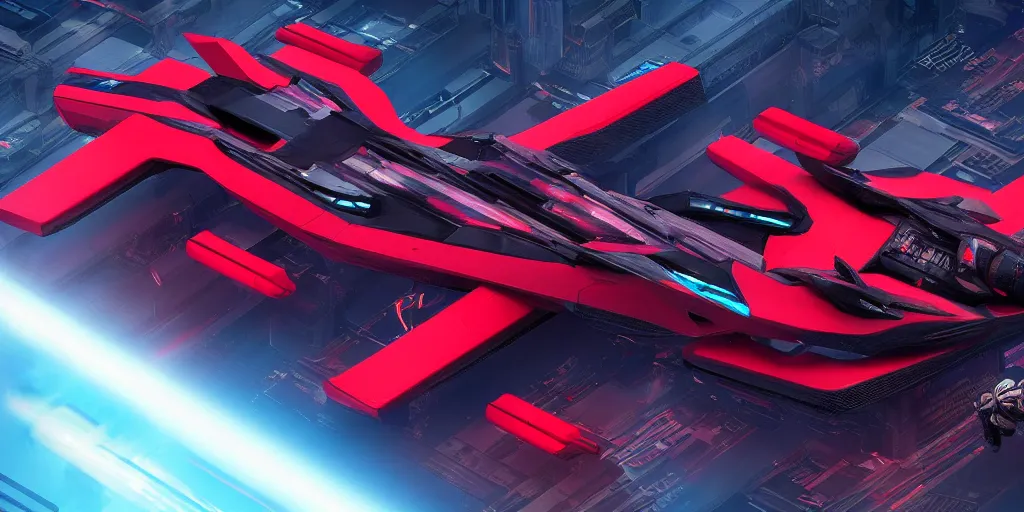 Prompt: cyberpunk concept inspired jet, futuristic look, highly detailed body, aerodynamic body, photorealistic camera shot, bright studio setting, studio lighting, crisp quality and light reflections, unreal engine 5 quality render, red and black tones, isometric view