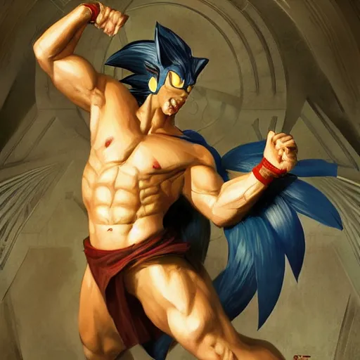 Image similar to sonic the hedgehog as a Greek god, gorgeous, amazing, muscular, fit, very muscular male body, intricate, highly detailed, digital painting, artstation, concept art, sharp focus, illustration, art by greg rutkowski and alphonse mucha