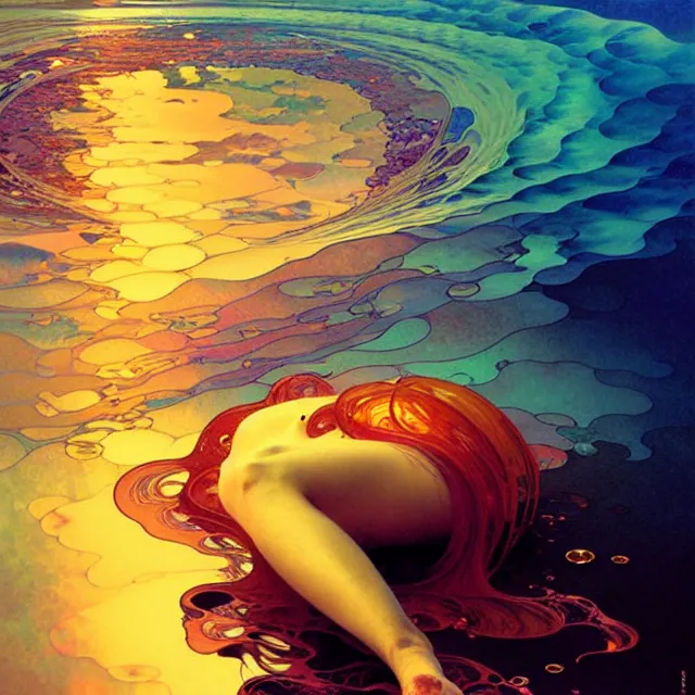 Image similar to mind bending indigo ocean waves of glossy psychedelic liquid honey drops flowing like kaleidoscopic translucent amber, lsd waves ripples, crystal clear, backlit, sunset, refracted lighting, art by collier, albert aublet, krenz cushart, artem demura, alphonse mucha